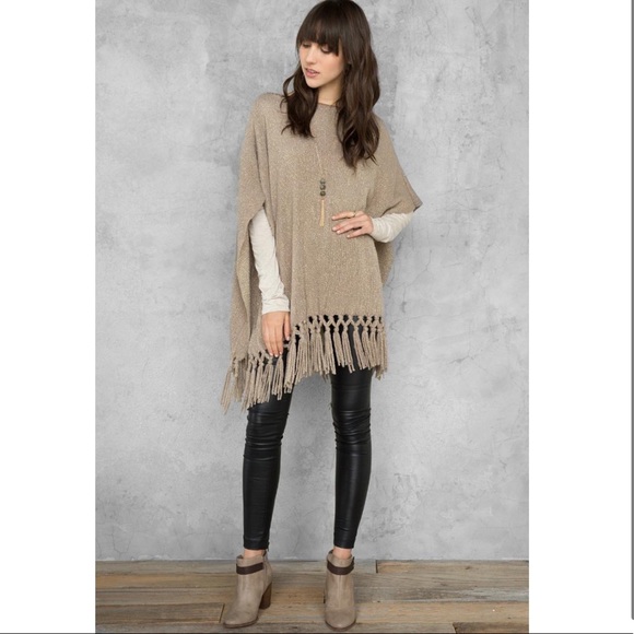 Francesca's Collections Other - Francesca’s Tan Devora Fringe Poncho Gold Accents